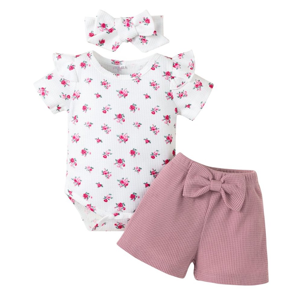 Pink Floral Print Bodysuit, Shorts & Headband Baby 3pcs
